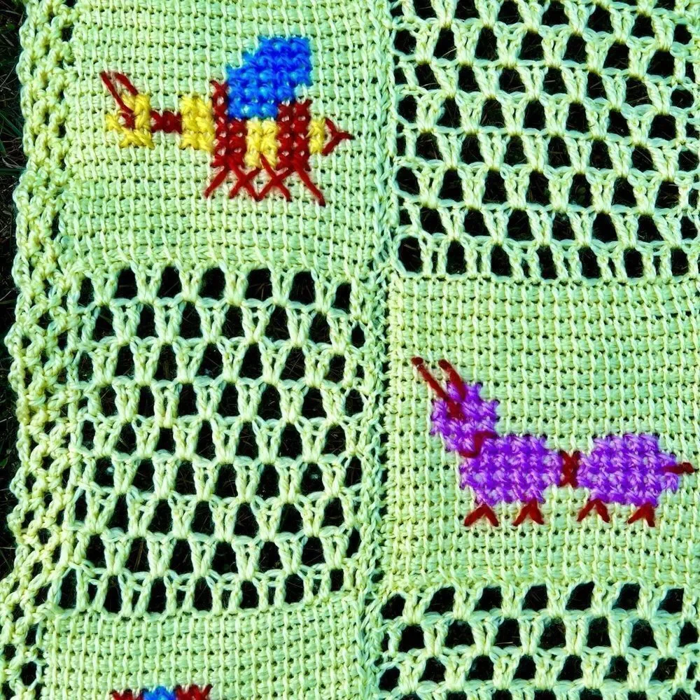 Vtg MCM Handmade Yellow Crotcheted Afghan/Baby Blanket Zoo Animals Squares GVC